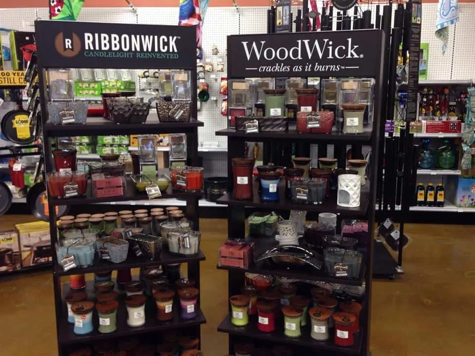 Ribbonwick and WoodWick candle displays in the store
