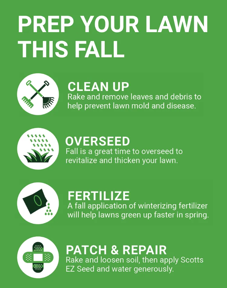 Prep your lawn this fall: clean up leaves, overseed, fertilize with winterizing fertilizer, and patch and repair with Scotts EZ Seed.