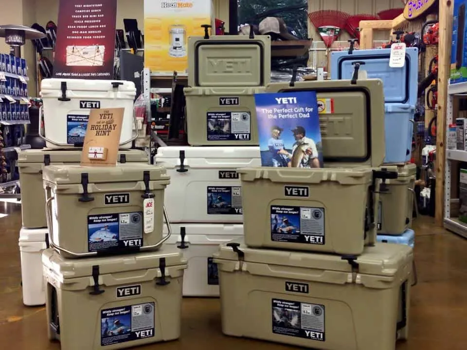 YETI coolers stacked on a store display