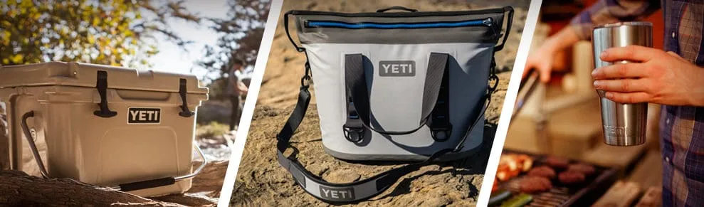 YETI coolers: a hard cooler, a soft cooler and a tumbler